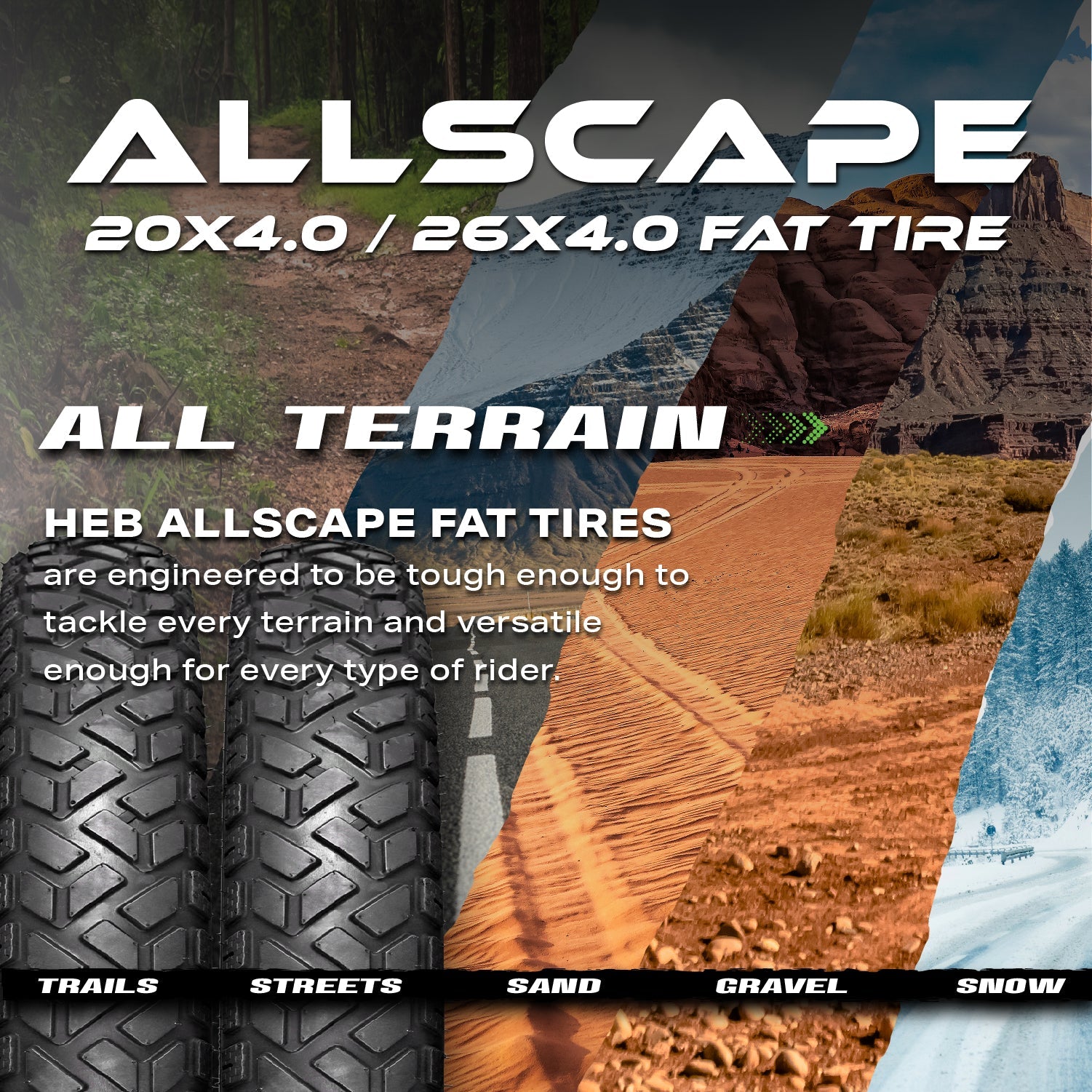 HEB ALLSCAPE® Fat Tires- 26"x 4.0" (SET OF 4 Tires) Tubes Not Included.