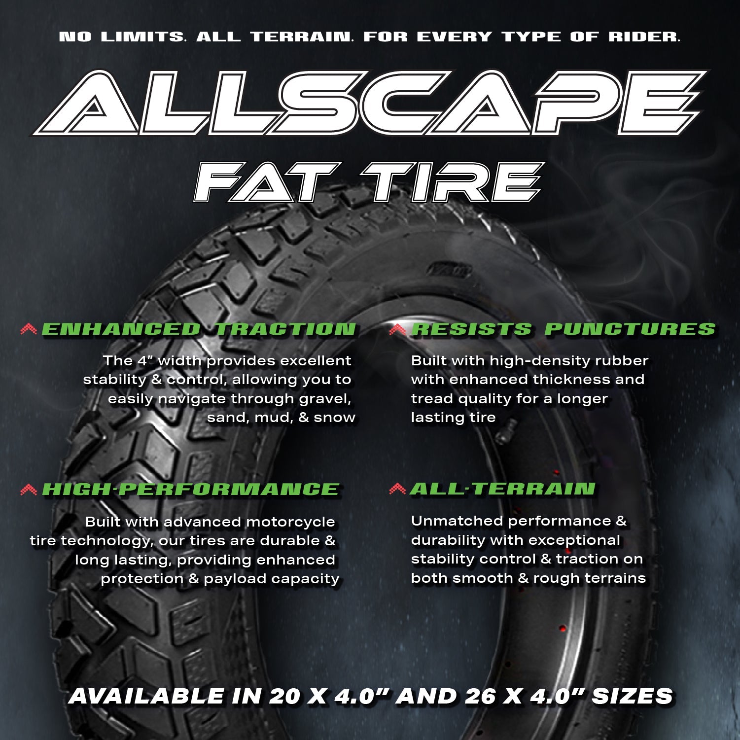 HEB ALLSCAPE® Fat Tires- 26"x 4.0" (SET OF 2 Tires) Tubes Not Included.