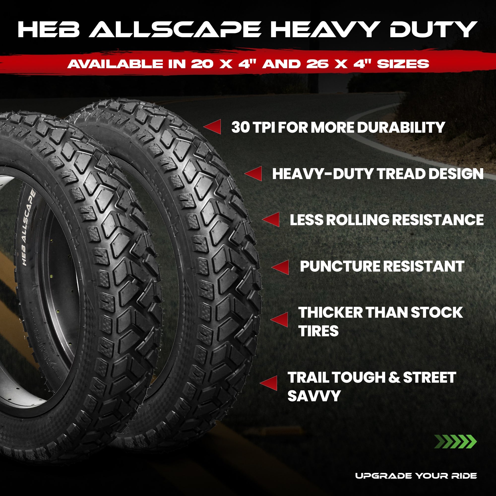 HEB ALLSCAPE® Fat Tires- 26"x 4.0" (SET OF 4 Tires) Tubes Not Included.