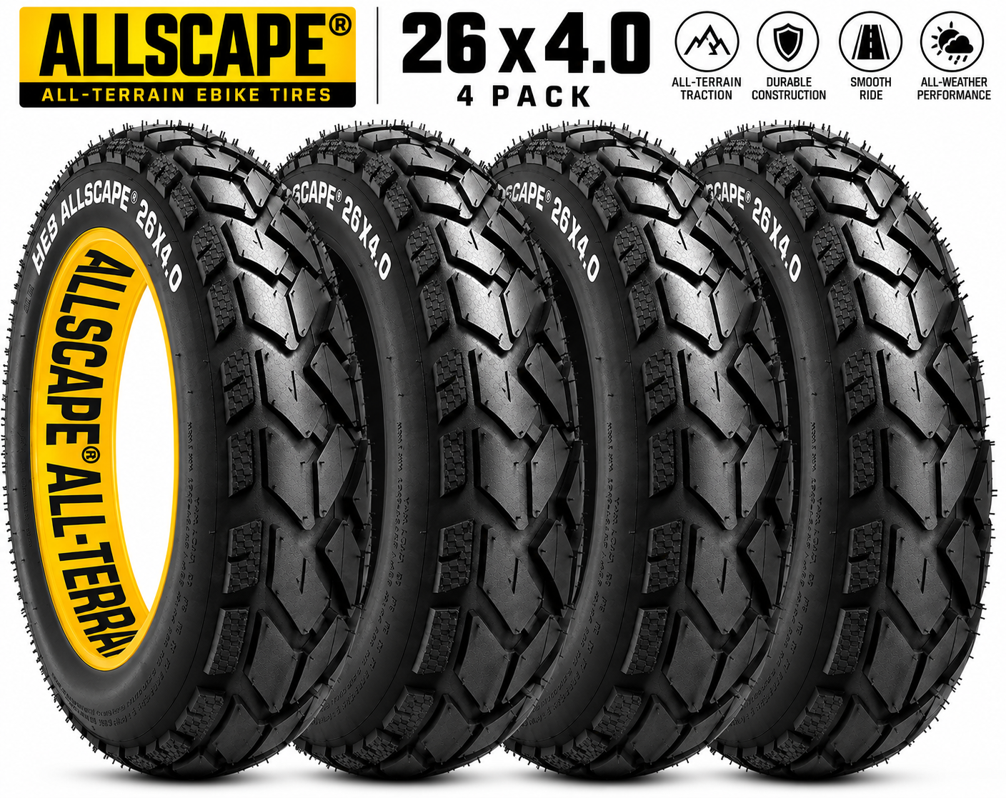 HEB ALLSCAPE® Fat Tires- 26"x 4.0" (SET OF 4 Tires) Tubes Not Included.